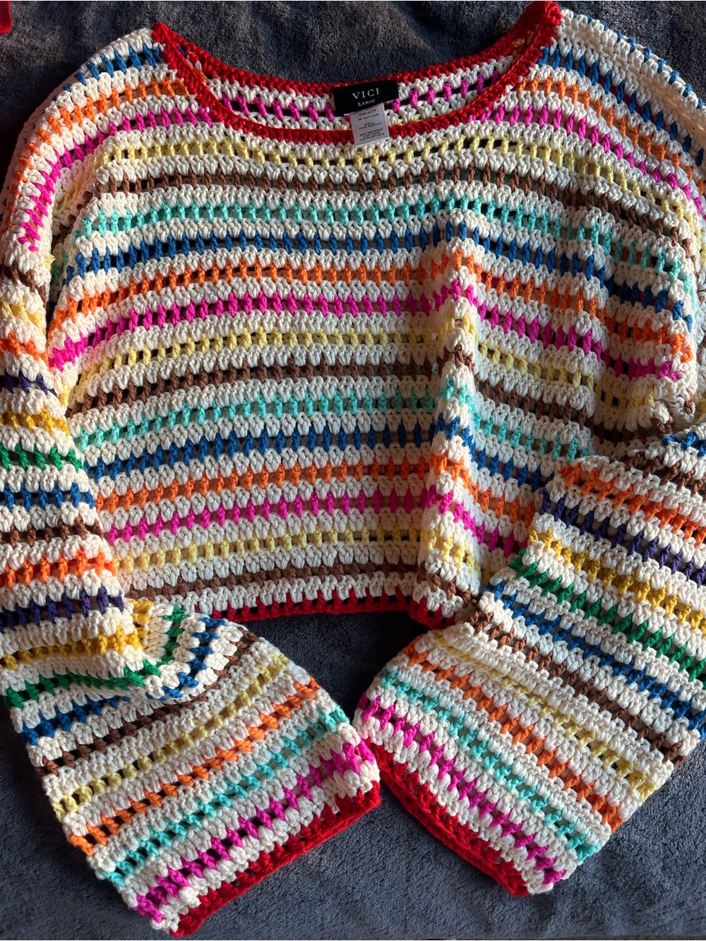VICI Multicolor Crochet Stripe Women’s Sweater - Cream Base